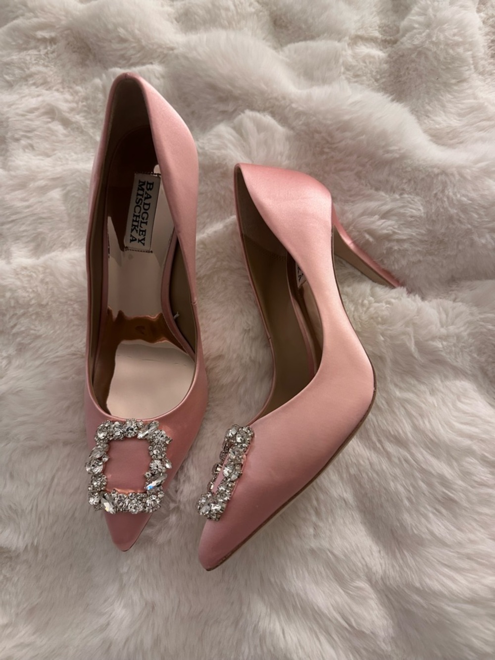 Badgley Mischka Blush Pink Satin Pointed-Toe Crystal-Embellished Pumps coral 8.5 - Picture 3 of 8